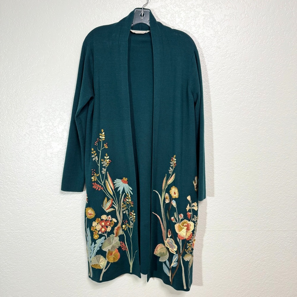 Soft Surroundings Cardigan Women XS Green Floral Embroidered Long Open Front